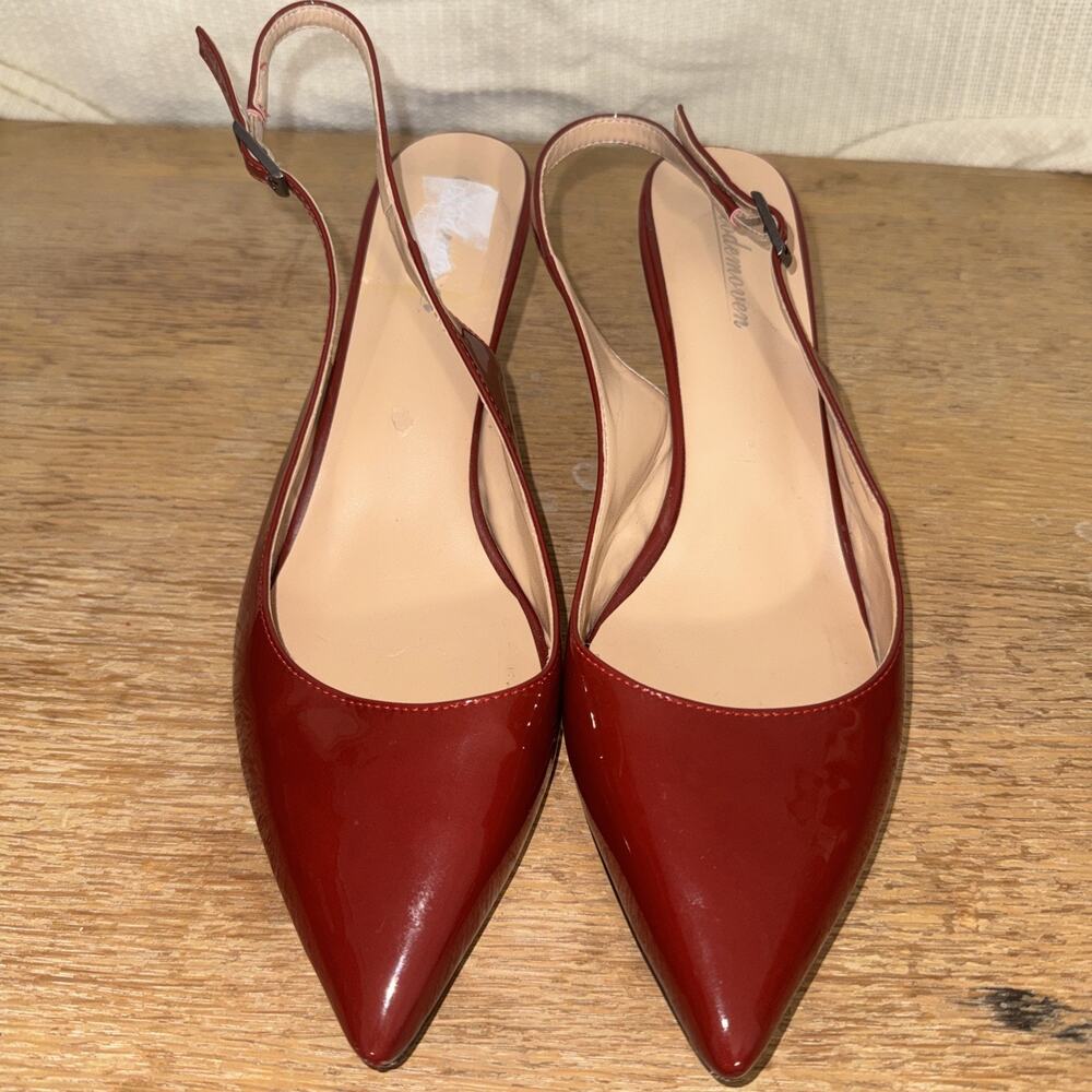 Red Patent Leather Pointed Toe Slingback Ankle Strap Kitten Heel Shoes